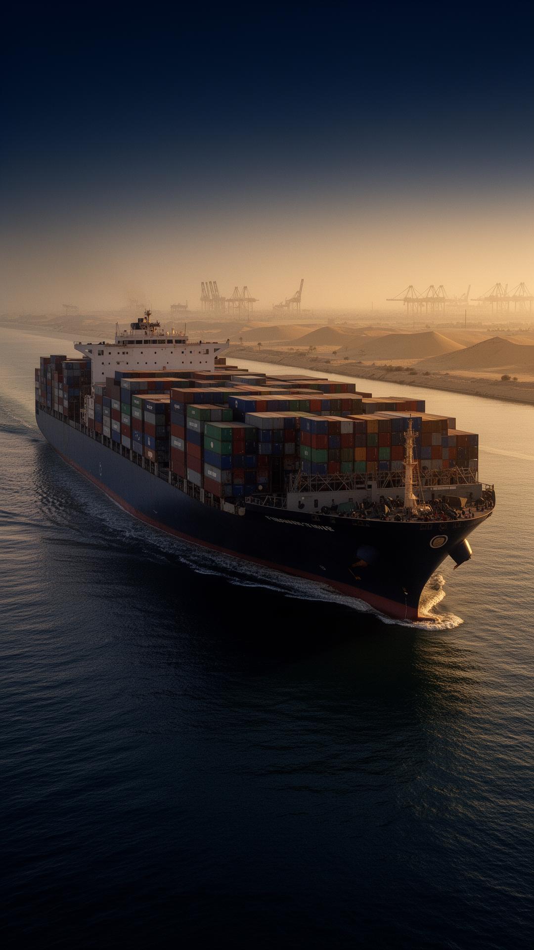Container vessel transiting the Suez Canal at dawn